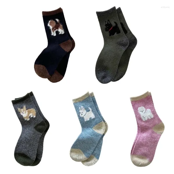 Chaussettes de femmes piquant motif de chien hiver chaud faux fâche en laine pour