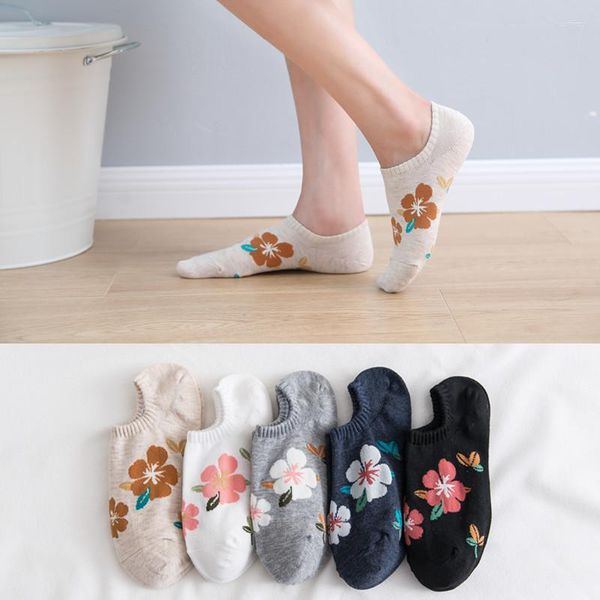 Chaussettes d'été à imprimé Floral pour femmes, antidérapantes, en Silicone, coupe basse, chaussettes de bateau, à la mode, pantoufles antidérapantes invisibles