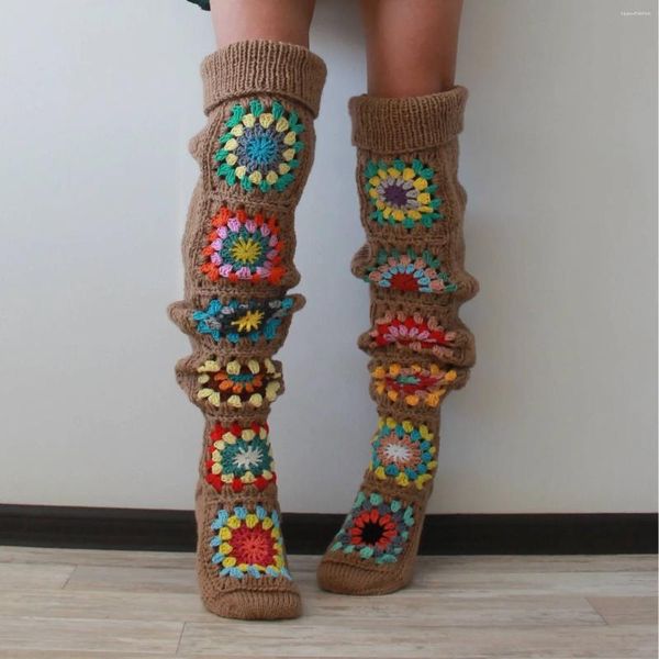 Femmes chaussettes fleur Crochet tricot bas automne hiver cuisse haute longue sur genou collants bonneterie