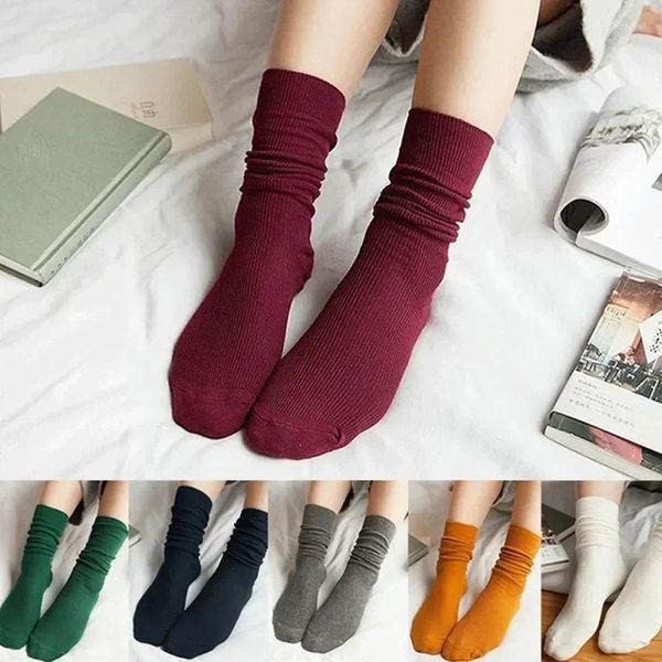 Chaussettes pour femmes, en coton solide, plus chaudes, bas de jambe fine d'hiver, hauteur du genou, longues pour filles