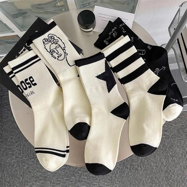 Calcetines de mujer para niñas a rayas simples blanco creativo básico Casual algodón absorber el sudor señora suave negro equipo divertido