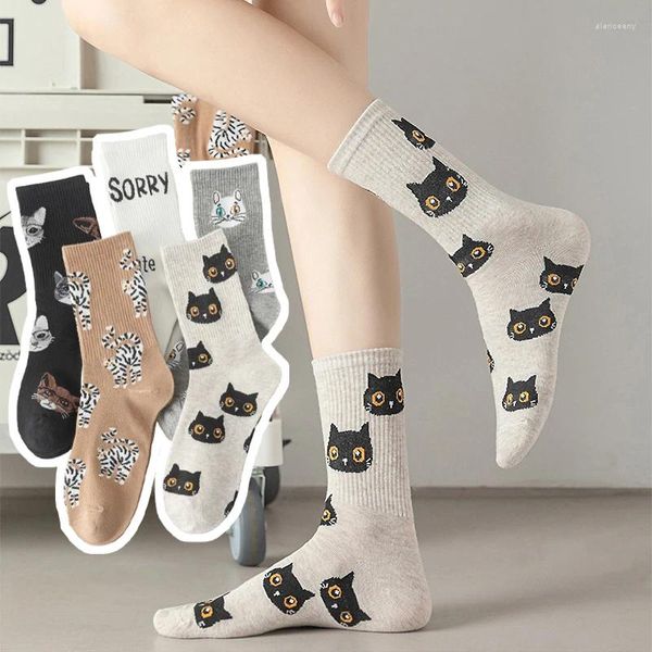 Femmes chaussettes quatre saisons Kawaii équipage mignon dessin animé chat motif lettre Harajuku Streetwear confortable femme décontracté mi Tube chaussette