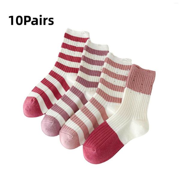 Chaussettes pour femmes, 10 paires de chaussettes rayées de couleur assortie, Tube moyen, rose frais, en coton doux, pour filles, livraison gratuite, printemps et été