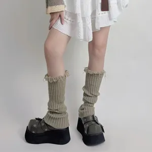 Chaussettes à volants Lolita côtelées pour femmes, tricotées, couvre-pieds chauds, hauteur des genoux, poignets de bottes en Crochet, automne
