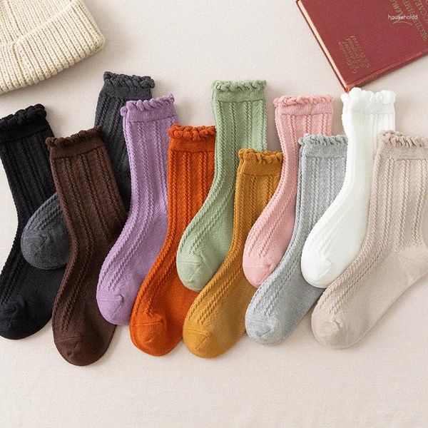 Chaussettes à volants pour femmes, Style japonais, Kawaii, mignonnes en coton, Harajuku rétro décontracté, couleur unie, blanc, noir, Beige, équipage