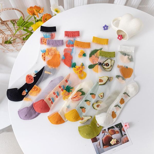 Femmes chaussettes fruits dentelle femme équipage Kawaii chaussette dessin animé mince Sox blanc dames été classique dame Calcetines Hombre