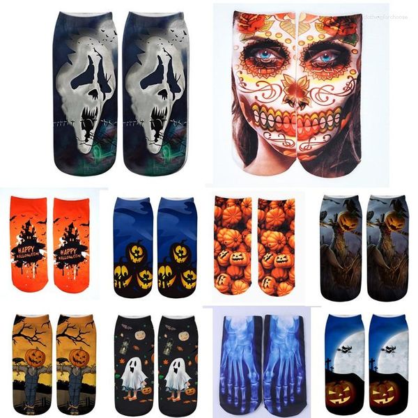 Chaussettes en coton pour femmes, chaussettes amusantes, fête d'halloween, squelette 3D, citrouille imprimée, Kawaii, cheville basse, décontractées, créatives, Happy Calcetines