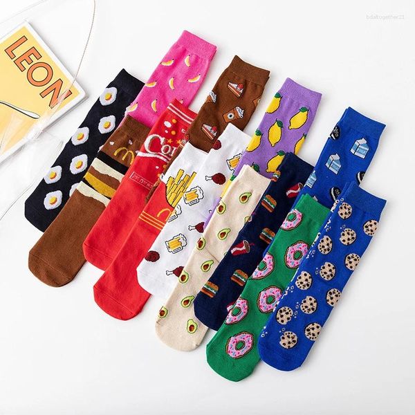 Calcetines de mujer divertidos monopatín lindo Casual dibujos animados comida huevo galleta Donuts frutas plátano aguacate limón feliz chicas Harajuku Sox