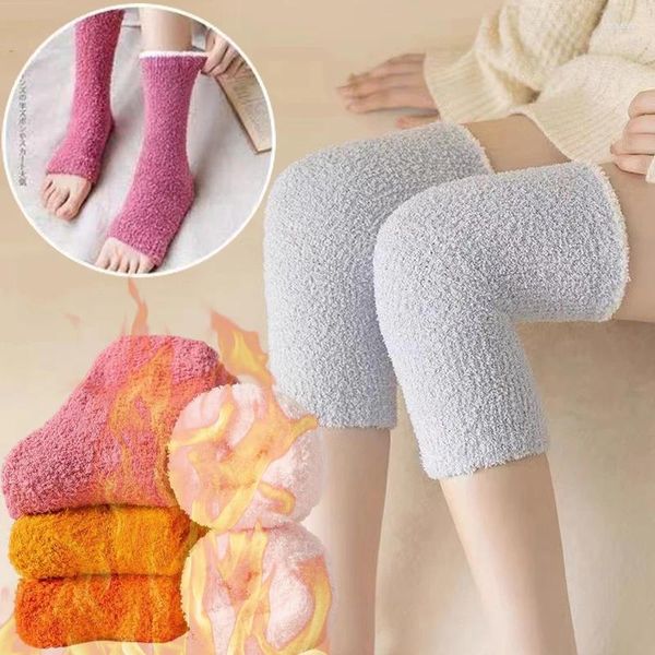 Genouillères chaudes en fourrure pour femmes, chaussettes d'hiver, en molleton de corail, épaisses et douces, pour l'arthrite des jambes, genouillères chauffantes, protection de course longue