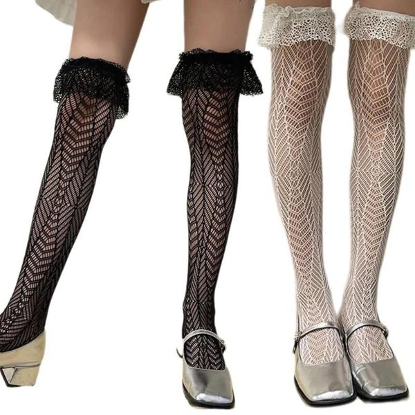 Chaussettes géométriques en résille pour femmes, bas hauts pour haut en dentelle à volants, au-dessus du genou