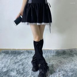 Chaussettes gothiques Punk noires pour femmes et filles, Harajuku, Bandage à lacets, mollet à volants, ourlet en dentelle, pied