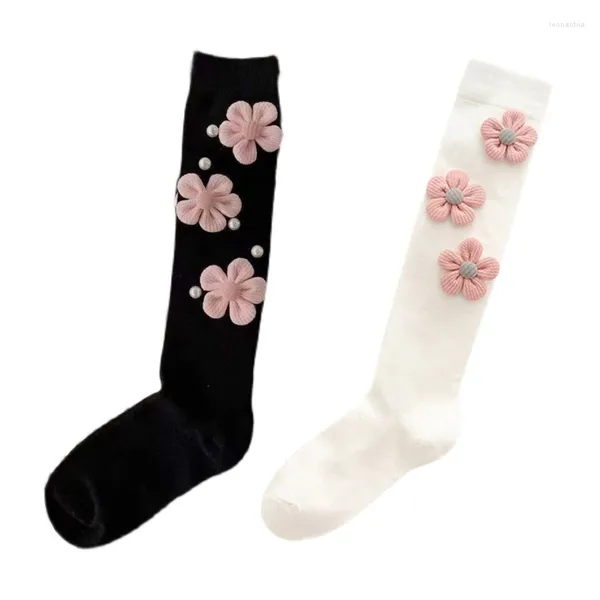 Chaussettes en coton pour femmes et filles, hautes, japonaises, tricotées en 3D, fleur rose, pour étudiantes, fines et longues, 37JB