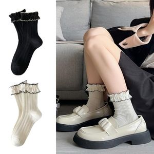 Femmes chaussettes filles coton dentelle à volants revers cheville Vintage noir blanc froufrous princesse étudiant tricot côtelé