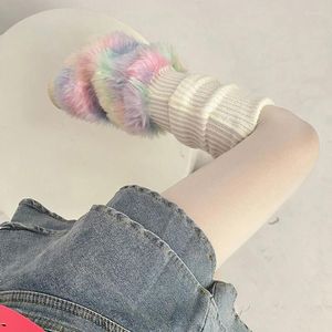 Chaussettes en fausse fourrure pour femmes et filles, couvre-bottes en fausse fourrure, années 80 et 90, Kawaii, tricot d'hiver, Patchwork, pelucheux