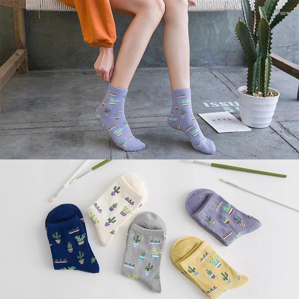 Chaussettes mi-longues pour femmes et filles, Version coréenne, couleur unie, Cactus frais, tout en coton, respirantes, pour femmes