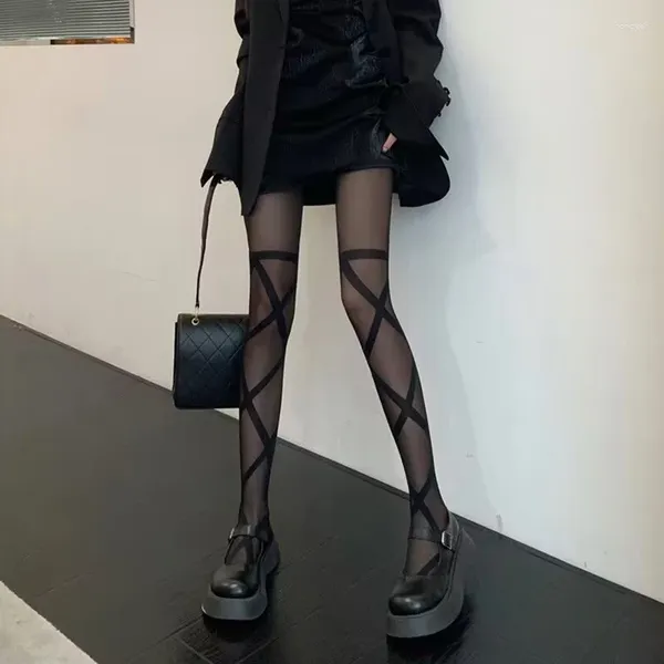 Femmes chaussettes filles Sexy dentelle haut rester haut cuisse-hauts rayures bas collants sur genou collants Transparent noir bas