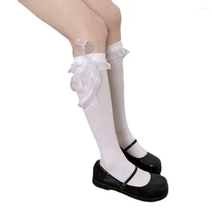 Mujeres calcetines chicas color sólido-longitud de ternera/rodilla alta japonesa lolita kawaii sweet cinta arco volantes de encaje medias retro