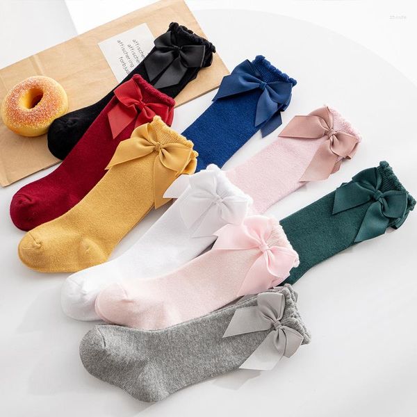 Calcetines de mujer para niñas, calcetines lisos con lazos de algodón para bebés y niños, calcetines largos suaves de princesa hasta la rodilla para niños de 0 a 7 años