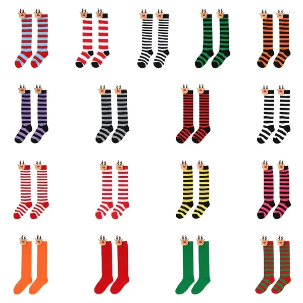 Women Socks Stripe de chicas Musillo alto sobre la rodilla Medias de Navidad Elk Linda Doll de dibujos animados Long