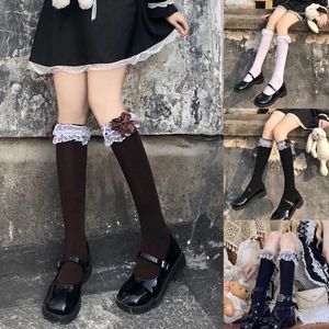 Dames sokken meisjes zoete zwart witte knie hoge bowknot gegolfde frilly kanten trim Japanse studentenkousen