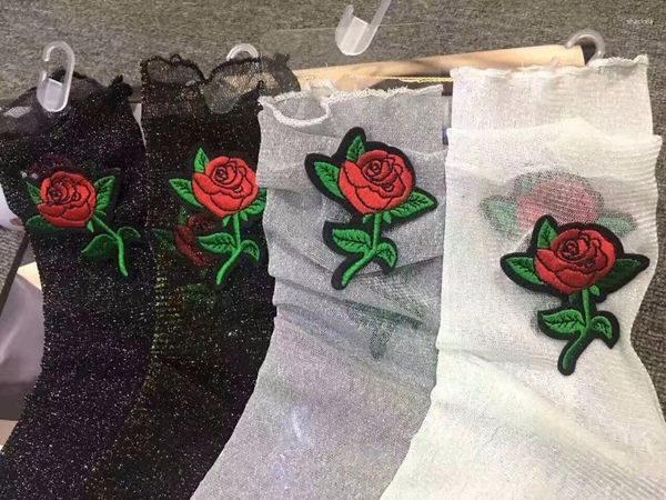 Calcetines de mujer malla brillante Rosa flores moda corto brillante Harajuku suave señoras divertido transparente calcetería elástica
