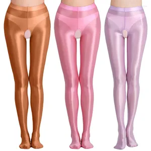 Calcetines de mujer Pantalones japoneses brillantes con entrepierna abierta, pantimedias sin entrepierna brillantes al óleo, medias elásticas, medias sedosas, polainas de cintura alta