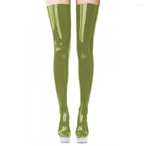 Femmes chaussettes brillant Wetlook PVC Faux cuir cuisse haute avec collants aux pieds bas Lingerie pôle danse chaussette Sexy Cosplay