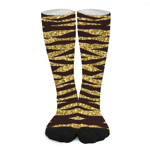 Chaussettes antidérapantes pour femmes, bas imprimés tigre doré, rayures en peau d'animal, Design coréen d'hiver, Skateboard pour filles, chaud et doux