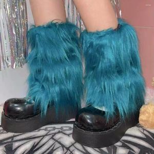 Femmes chaussettes Goth bleu fourrure Y2K fausse fourrure botte couvre dame léopard Jk genou longueur Hipster chaud chaussette mode