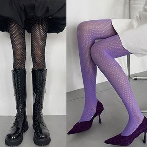 Femmes chaussettes Goth couleur résille collants creux à pois trou mince collants transparents