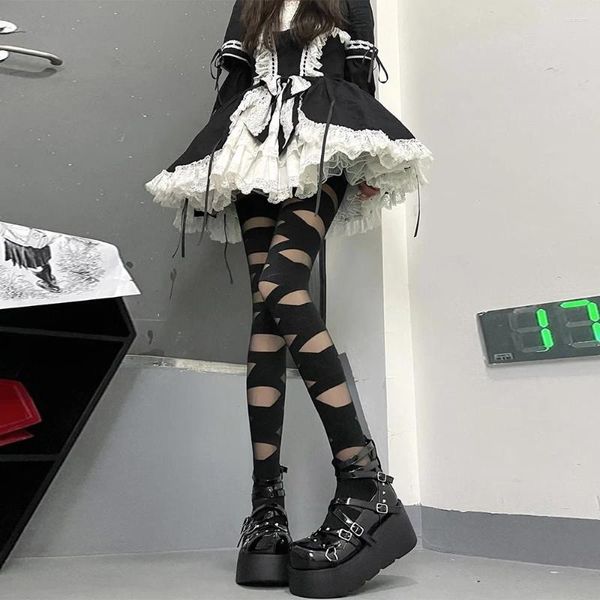 Chaussettes gothiques Lolita pour femmes, bas à bandes Anti-accrocs, filet de fête en Club, Sexy, sangle croisée, longs collants Cosplay