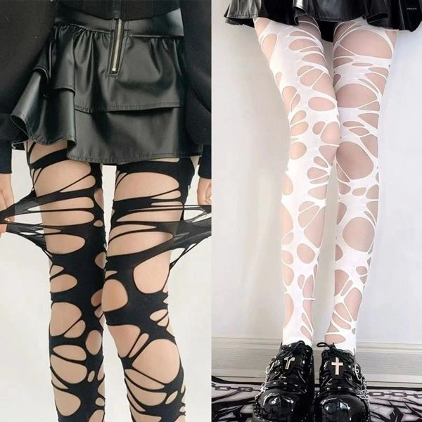 Calcetines de mujer Gótico Lolita Chicas Negro Punk Correa rasgada Pantimedias irregulares Ropa interior de fiesta Pantalones recortados Medias perforadas sexy