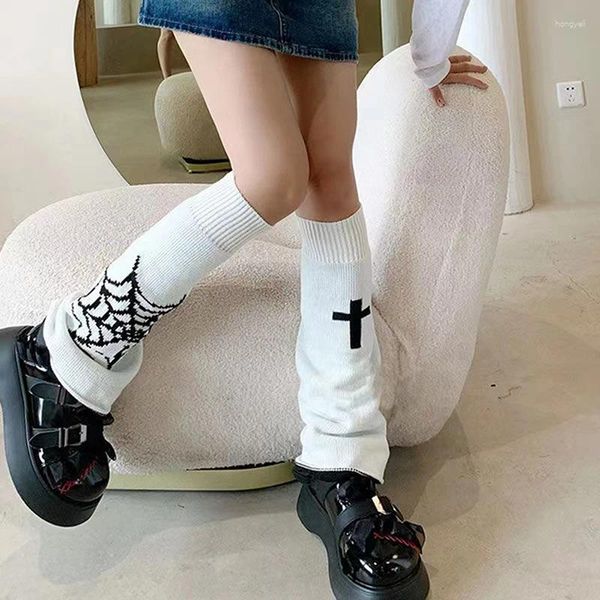 Chaussettes gothiques Lolita en tricot pour femmes, longues bottes d'hiver Y2K Harajuku Halloween toile d'araignée croisée