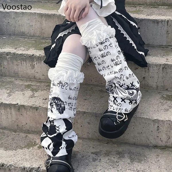 Chaussettes gothiques Punk Y2k pour femmes, douces Harajuku, couvre-pieds longs pour filles, JK Lolita, imprimé de dessin animé, genou