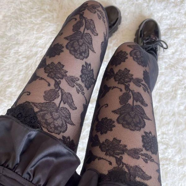 Femmes chaussettes gothique maille transparente Leggings collants Vintage feuilles florales Jacquard à motifs taille haute tatouage collants bas