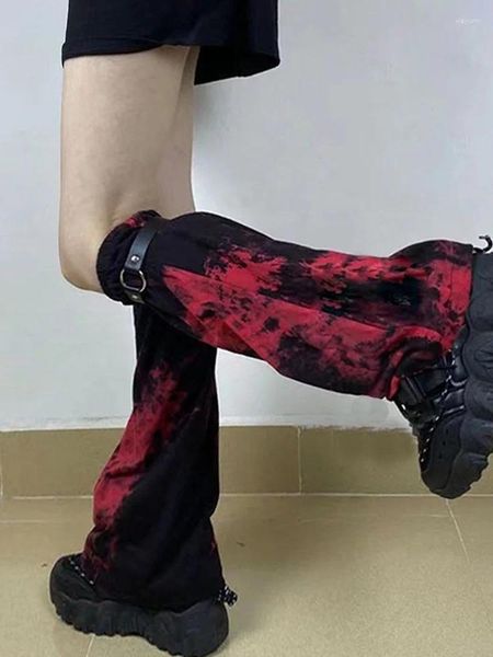 Calcetines de mujer Grunge chica Punk gótico calentador de piernas negro rojo Tie Dye señora Y2k Harajuku gótico cubiertas de pie PU Correa calcetín largo ropa de calle Chic