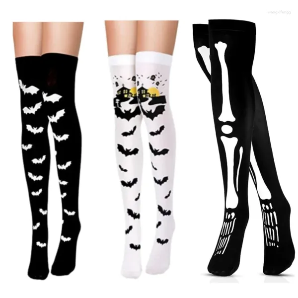 Mujeres calcetines Halloween Bat cross estampados impresos Patios de baile de vacaciones Props de la rodilla del poliéster de seda Mujeres