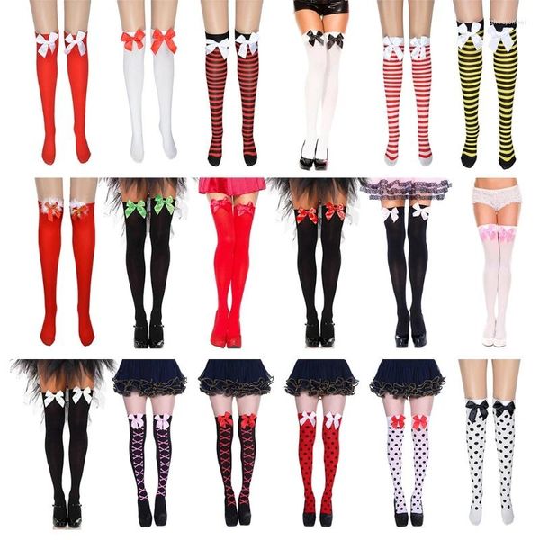 Femmes Chaussettes Halloween Noël Cuisse Haute Bas Rayé À Pois Croix Squelette Imprimé Doux Bowknot Mascarade Cosplay Sur F3MD