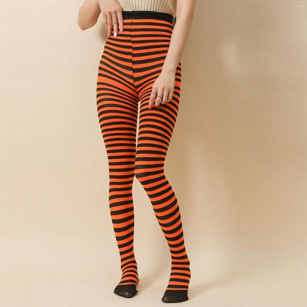 Calcetines De Mujer Disfraz De Halloween Medias De Mujer Moda Raya Bloque De Color Pantimedias Estilo Gótico Cintura Alta Leggings De Cosplay Calcetas Para Mujer