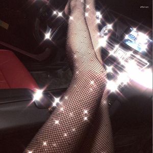 Femmes chaussettes main bas Sexy mode brillant Net collants femme mince strass maille Nylon