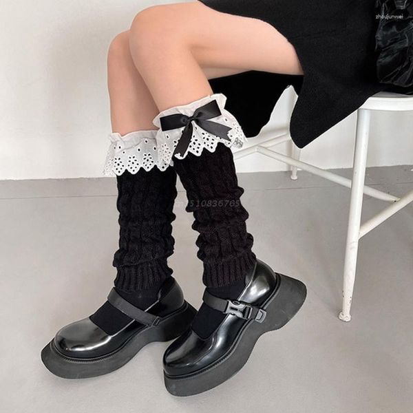 Calcetines de mujer Harajuku Twist Cable tejido calentador de piernas lindo Bowknot volantes encaje estudiante cálido pie cubierta medias