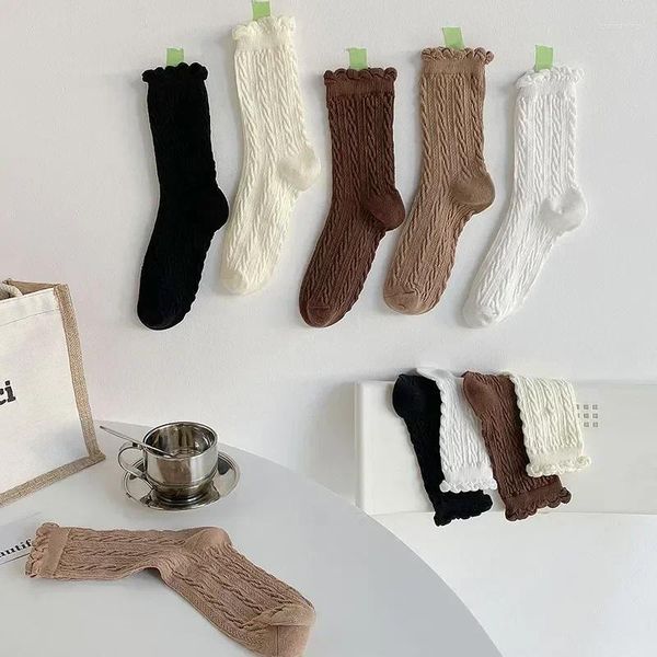 Chaussettes Harajuku pour femmes, petites chaussures noires et bombées, oreilles en cuir, dentelle Kou, Kawaii Luo, bulle en bois avec