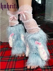 Vrouwen Sokken Harajuku Y2k Roze Blauw Lange Konijn Oor Boog Been Warmer Japanse Kawaii Pluche Nepbont Warm Cover Lolita leuke Laarzen Sok