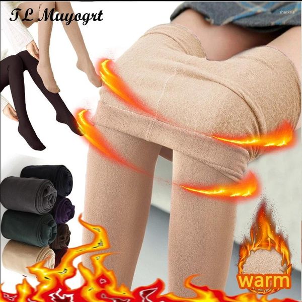 Chaussettes taille haute pour femmes, Leggings chauds d'hiver pour pantalons thermiques, collants polaires doublés en velours, effet peau en laine