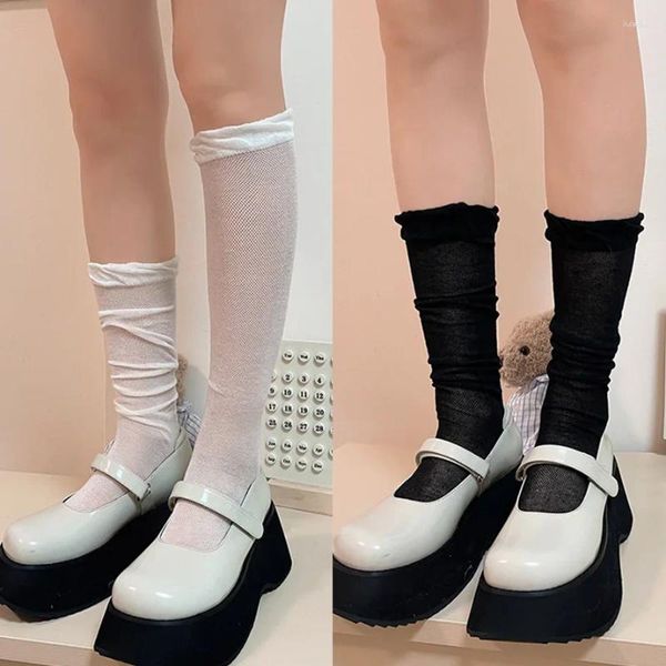 Femmes chaussettes creusées sur les bas de genou Ruffles longs jk mode japonais styles scolaires respirants noirs blancs