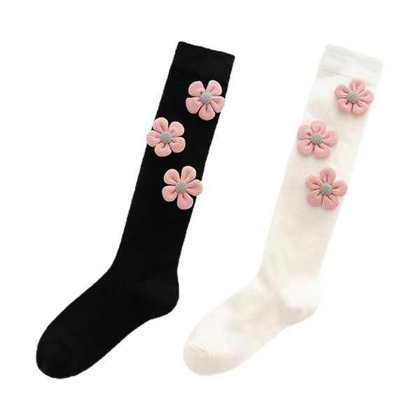 Femmes chaussettes bonneterie 094B Lolita filles coton genou haut Style japonais mignon 3D tricot rose fleur école étudiant Kawaii longs bas