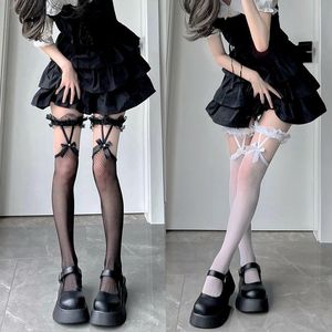 Femmes chaussettes bonneterie bas chaud cuisse haute Lolita grand nœud sur le genou Long Tube fille japonais Net fil coton bas