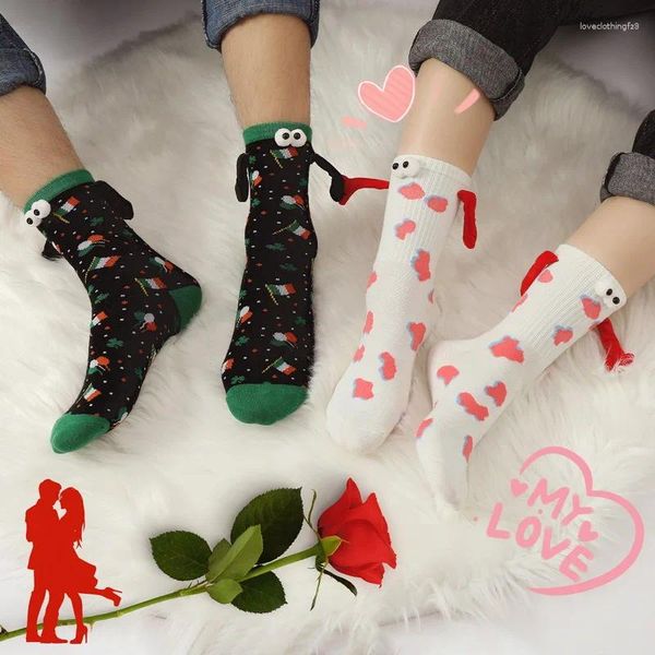 Femmes chaussettes Ins créatif aspiration magnétique 3D tenant par la main coton chaussette Club célébrité longue avec aimant saint valentin pour Couple