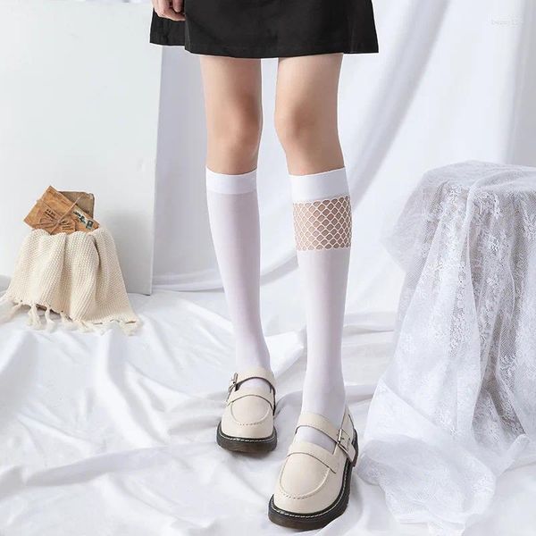 Chaussettes fines et épaisses pour femmes et filles, au-dessus du genou, JK, noir, blanc, jambe moyenne japonaise, résille ajourée