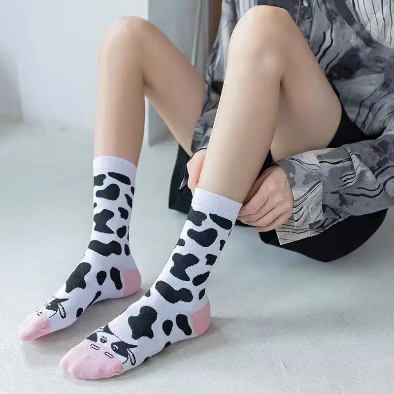 Women Socks Japan Harajuku Funny Cartoon Cow Fashion Printed Striped Women's Cotton Korea Sweet Happy Milk Calcetines